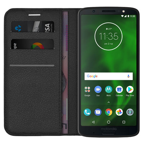 Leather Wallet Case & Card Holder Pouch for Motorola Moto G6 Plus - Black
